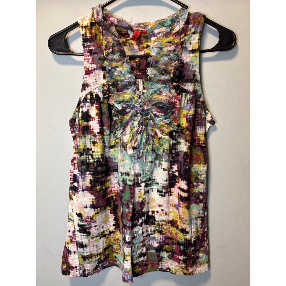 Sleeveless Ruffle Front Multi-Color Print Blouse